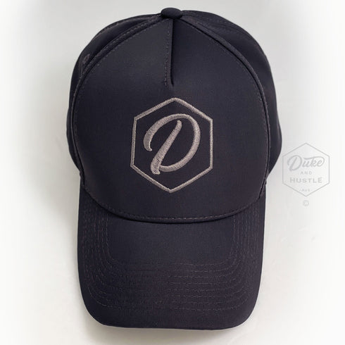 Black 5 Panel Cap, Grey thread, Embroidered D Logo, Front, Above View